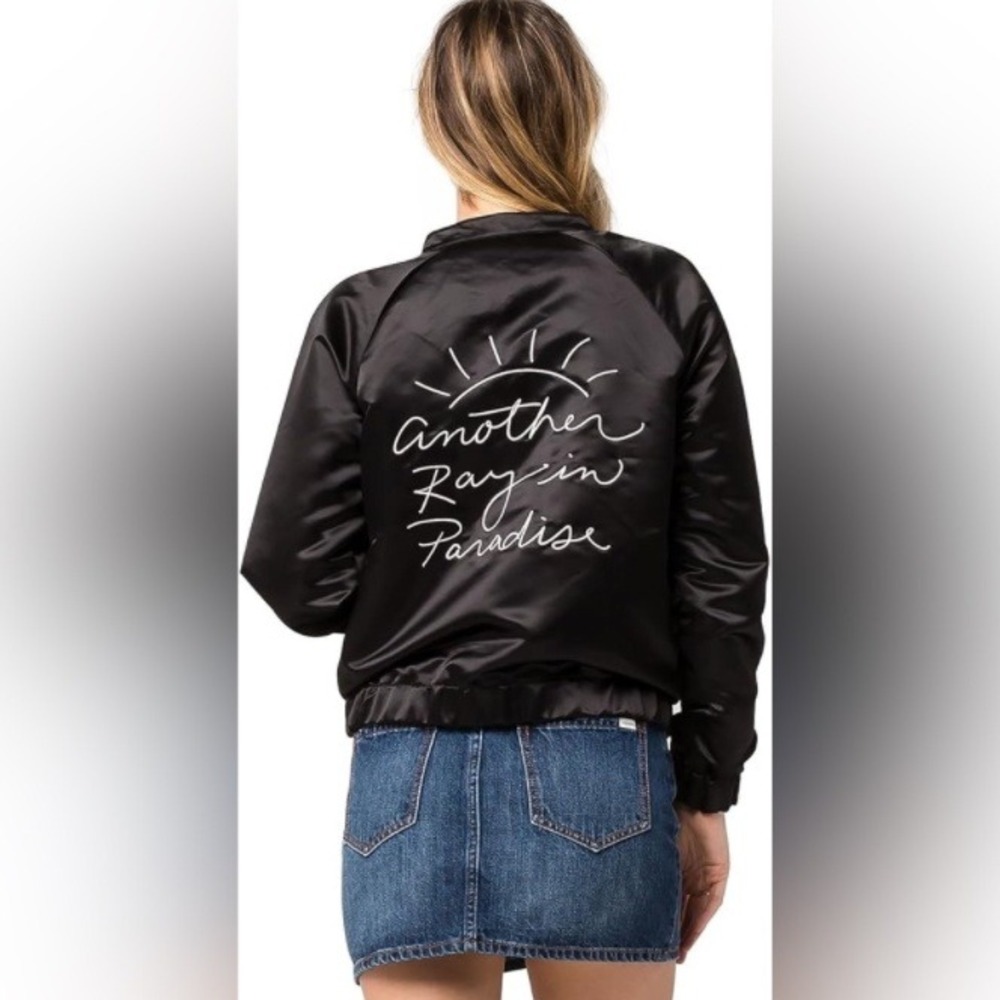 Volcom Womens Reversible Satin Bomber Jacket Black Graphic Zip Up Medium NEW